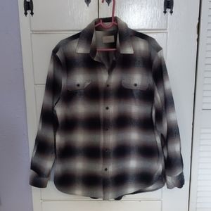 Blue and brown plaid camping flannel.